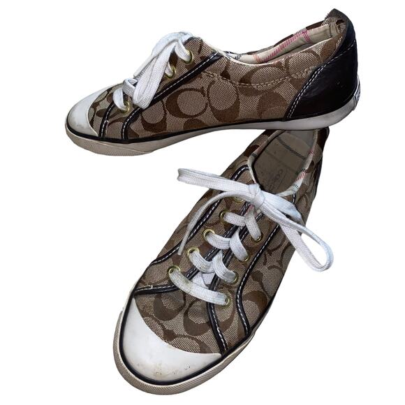 Coach Barrett Brown Signature Logo Leather Trim Lace Up Sneakers Size 6.5M - Picture 1 of 10